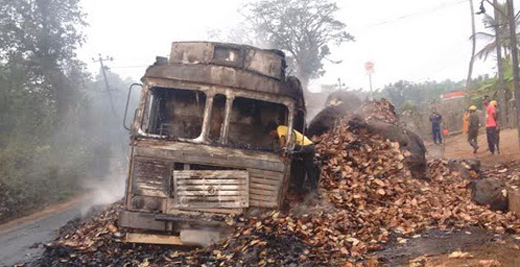 Lorry gutted after touching high tension wire